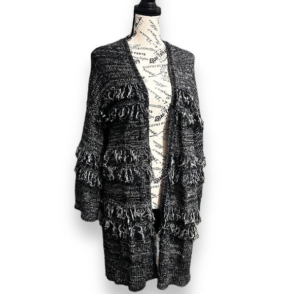 Knox Rose L Black White Fringe Cardigan Boho Open Front Chunky Knit Sweater Coat - Picture 8 of 11